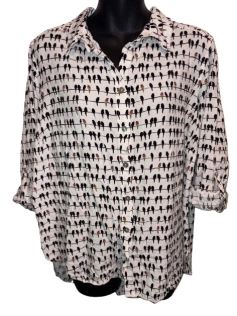 Jane and Delancey White Button-Up Shirt with Black Bird Print size 1X